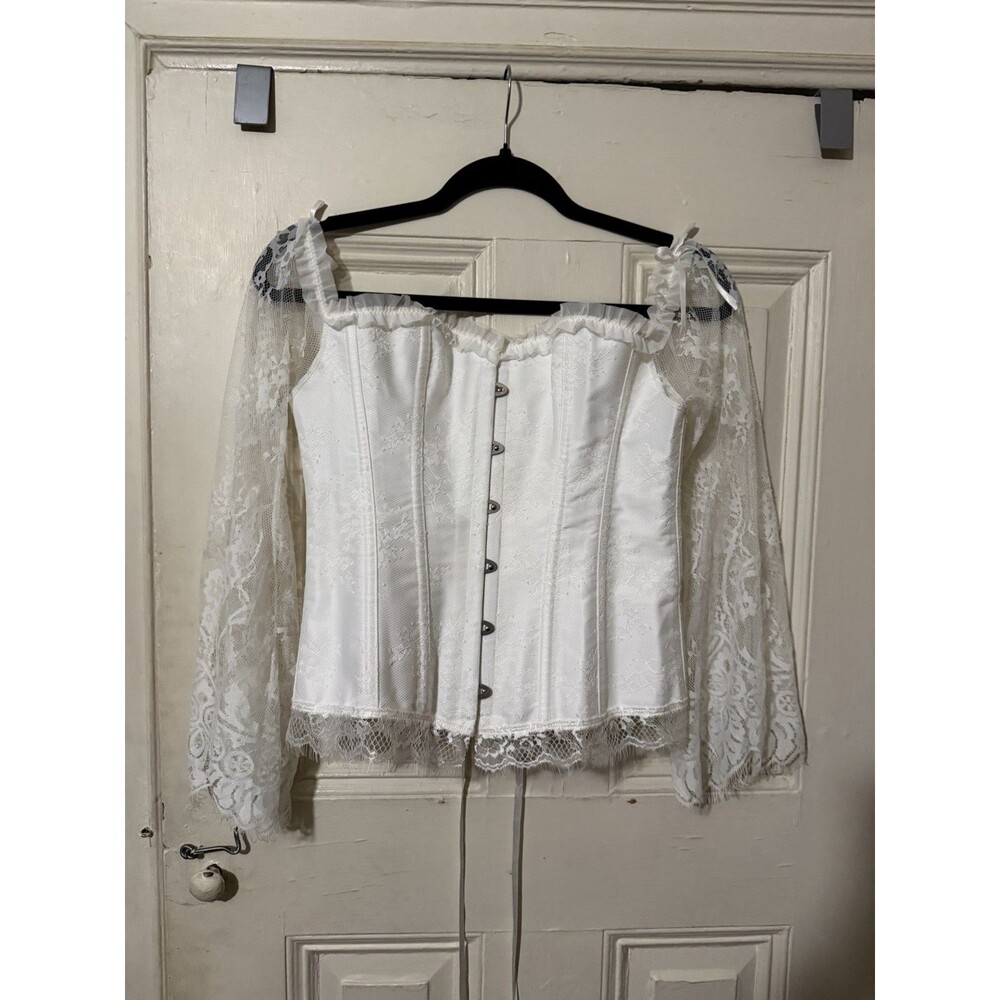 White Lace Corset Top Off Shoulder Long Sleeve Lace Up Renaissance Cottagecore L